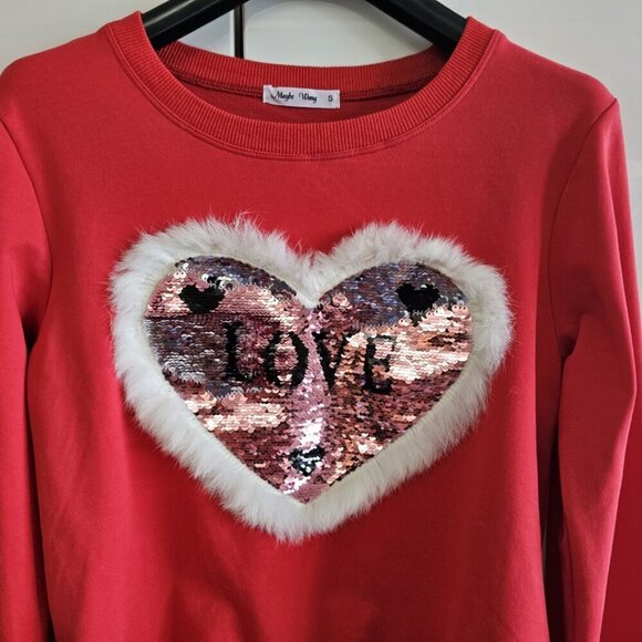Valentine's Sequin Fur Heart LOVE Cotton Sweatshirt - Picture 2 of 9